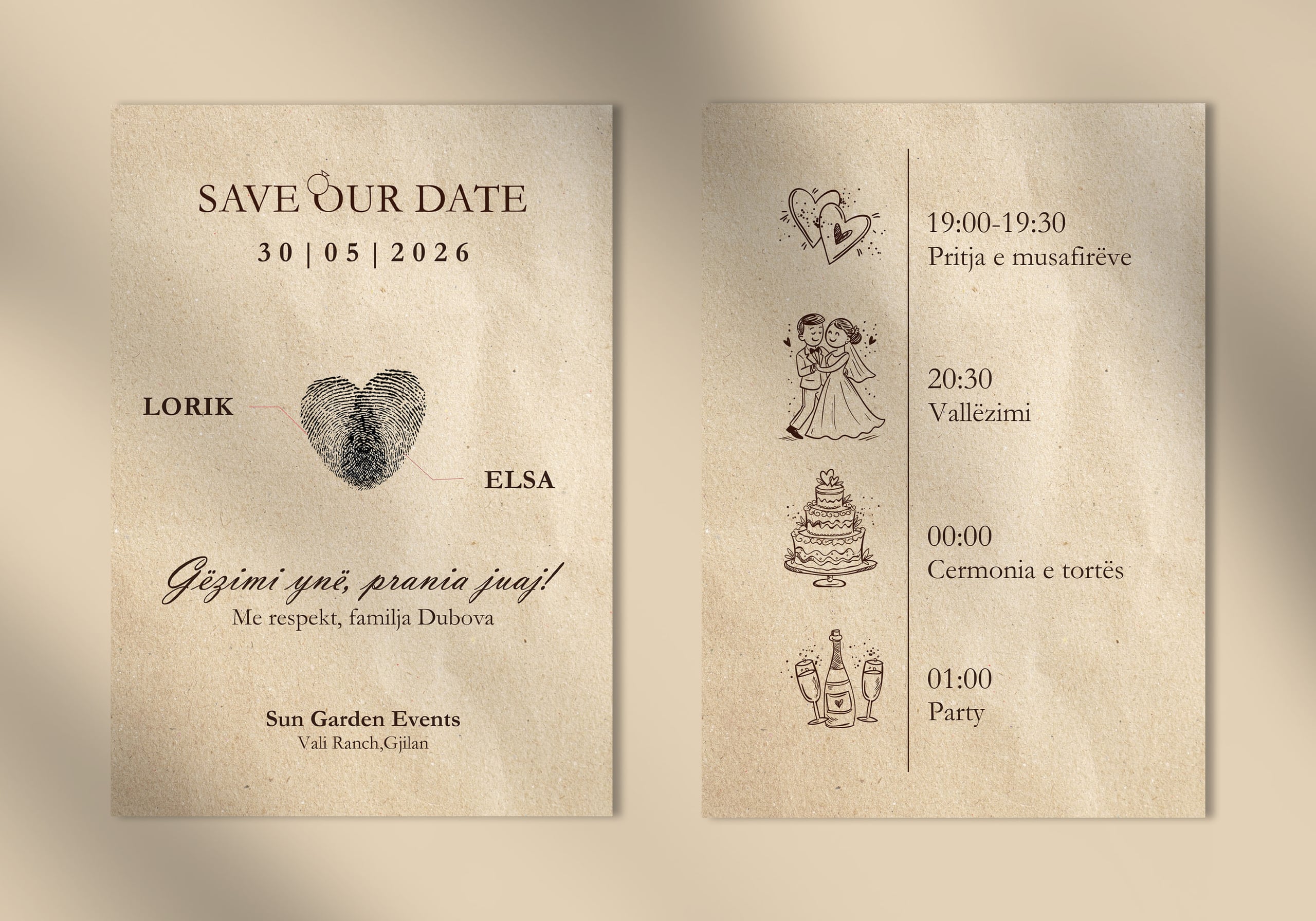 Two kraft-paper invitations under natural light: “Save our date” and the evening programme