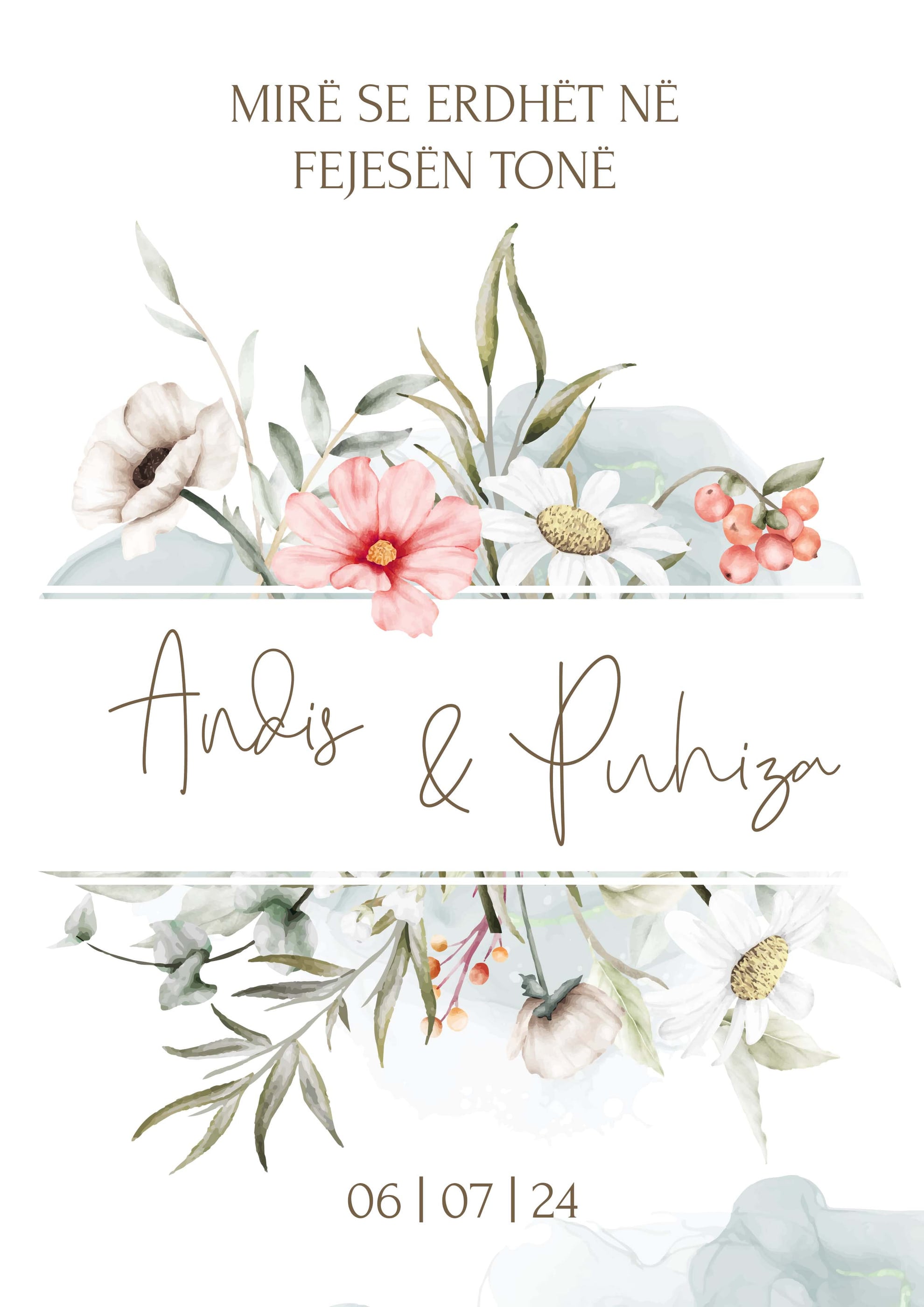 Engagement invitation with watercolour flowers: “Welcome to our engagement”