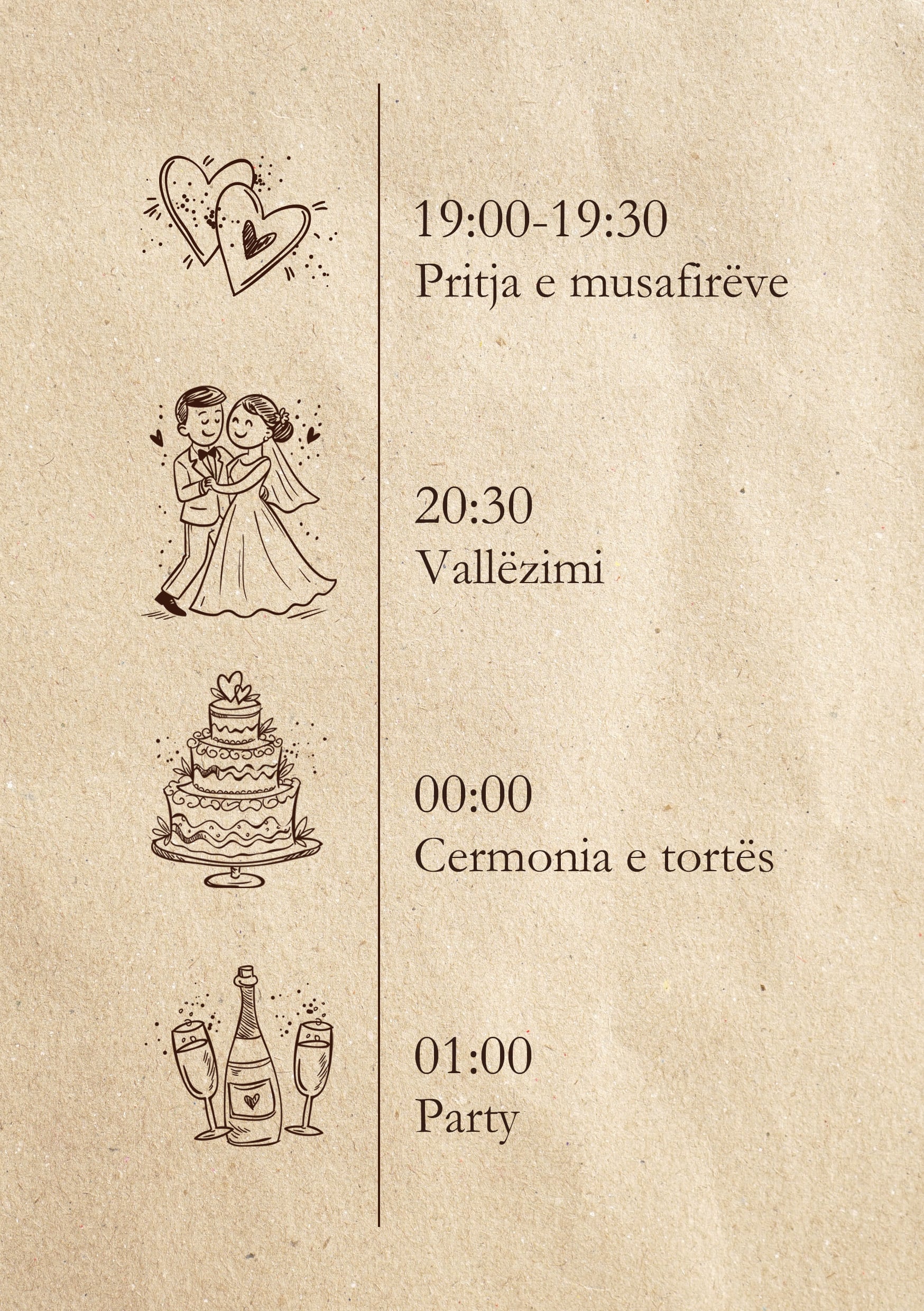 Second page of the A5 invitation: the evening programme with line illustrations