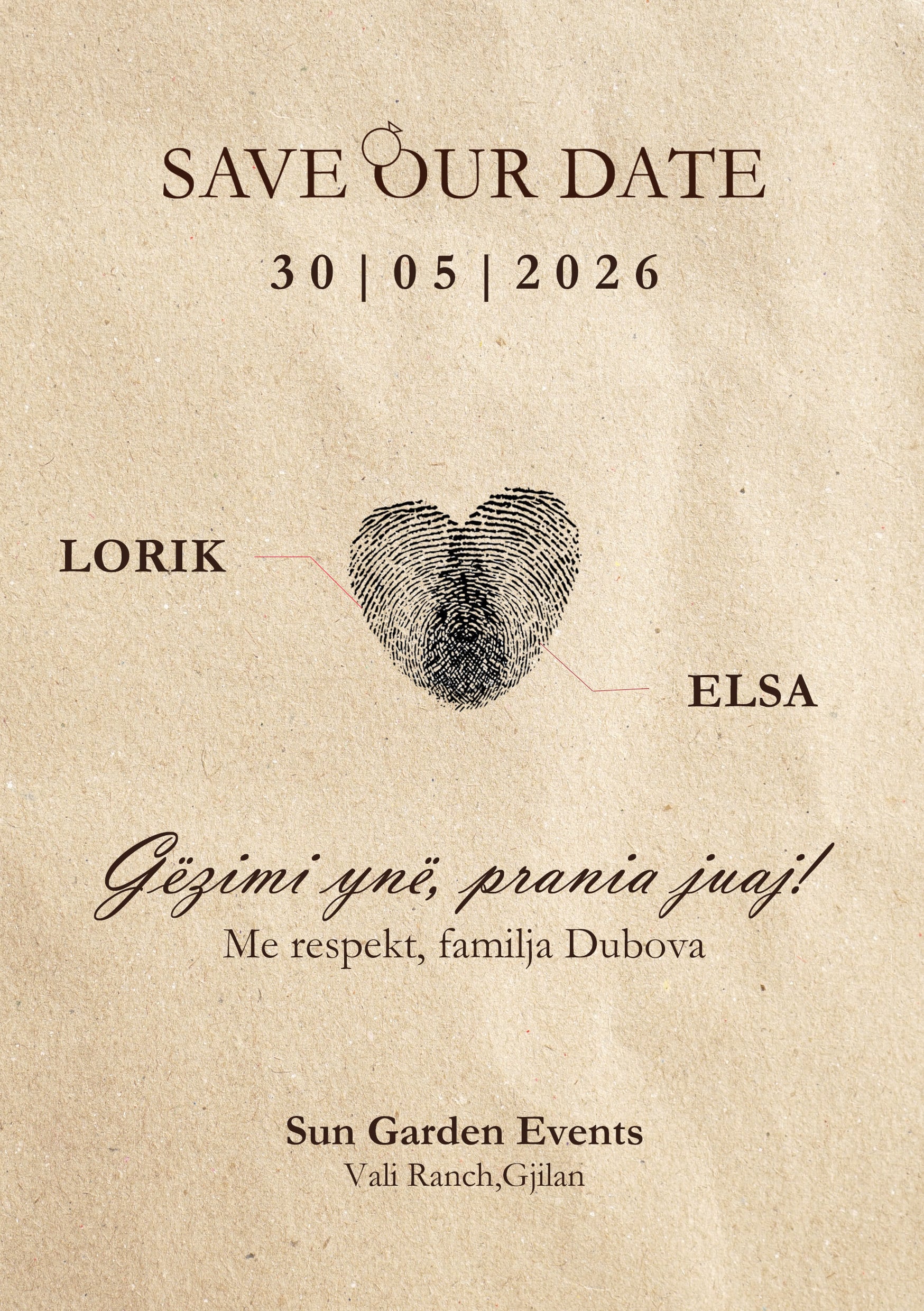 A5 invitation: “Save our date”, with a heart made of fingerprints