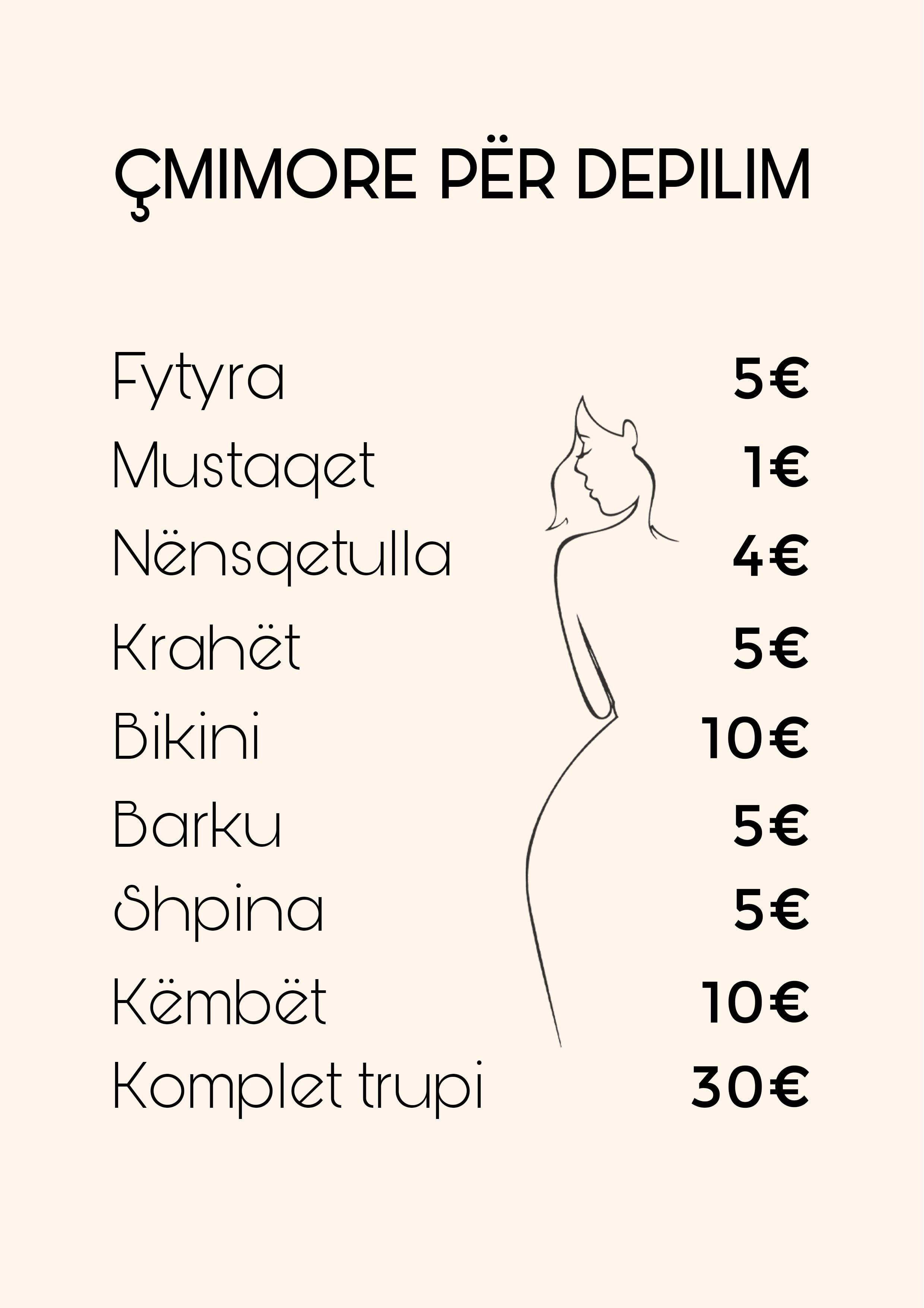 Waxing price list with a line-drawn figure