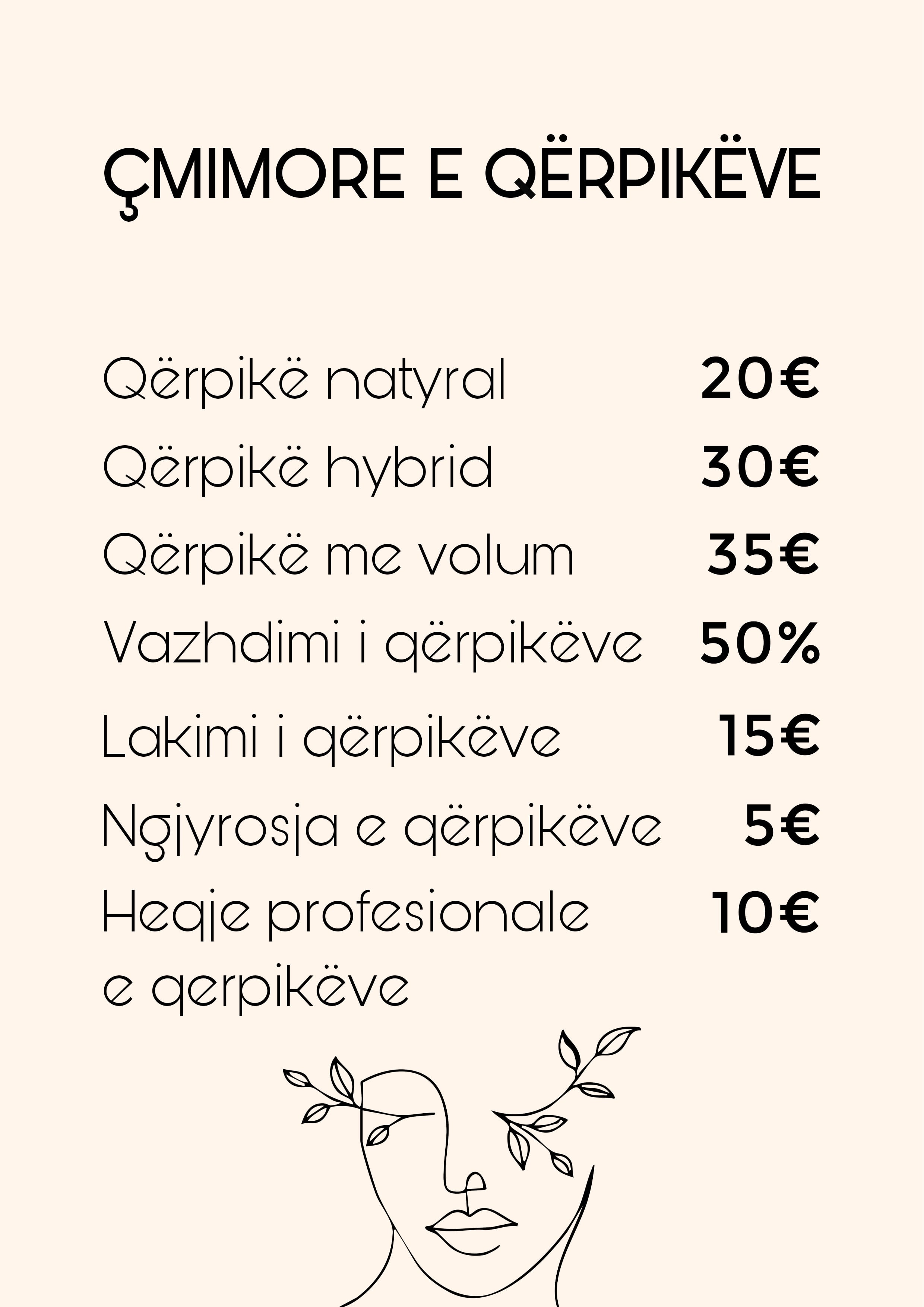 Eyelash price list with a line-drawn face