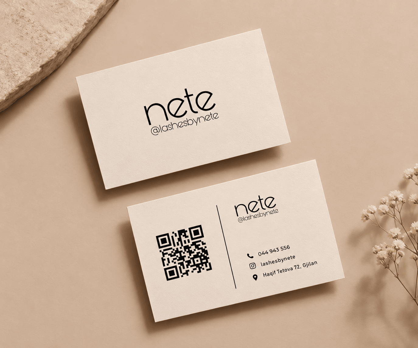 “nete @lashesbynete” business cards, front and back, with a QR code