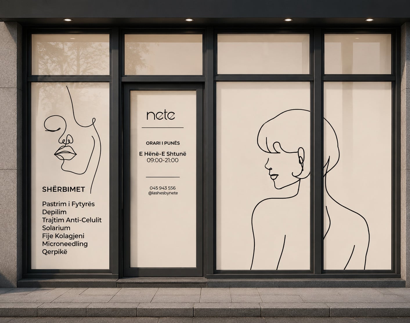 The “nete” salon window with line illustrations and the list of services