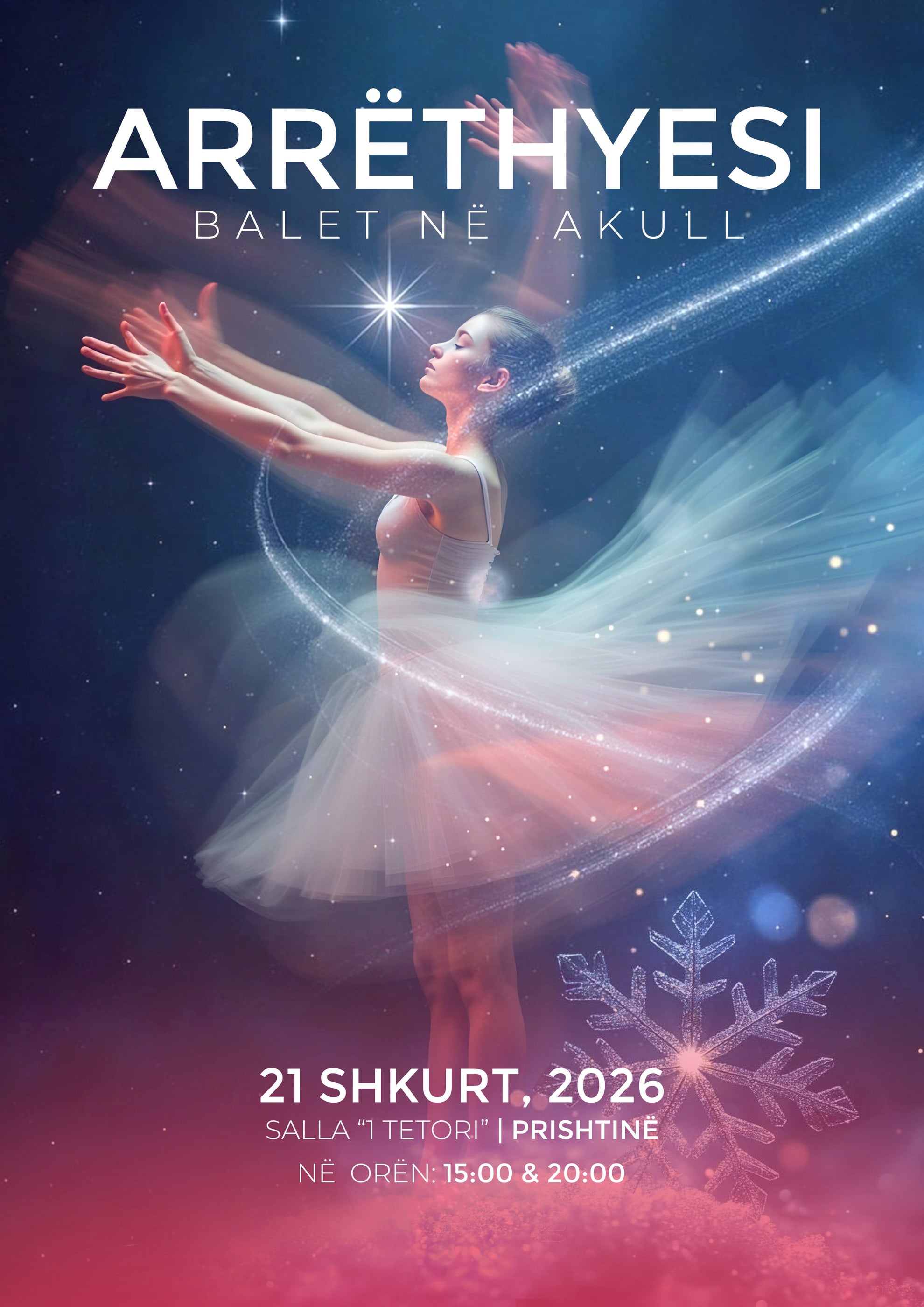 Poster for “The Nutcracker — ballet on ice”, a ballerina among snowflakes