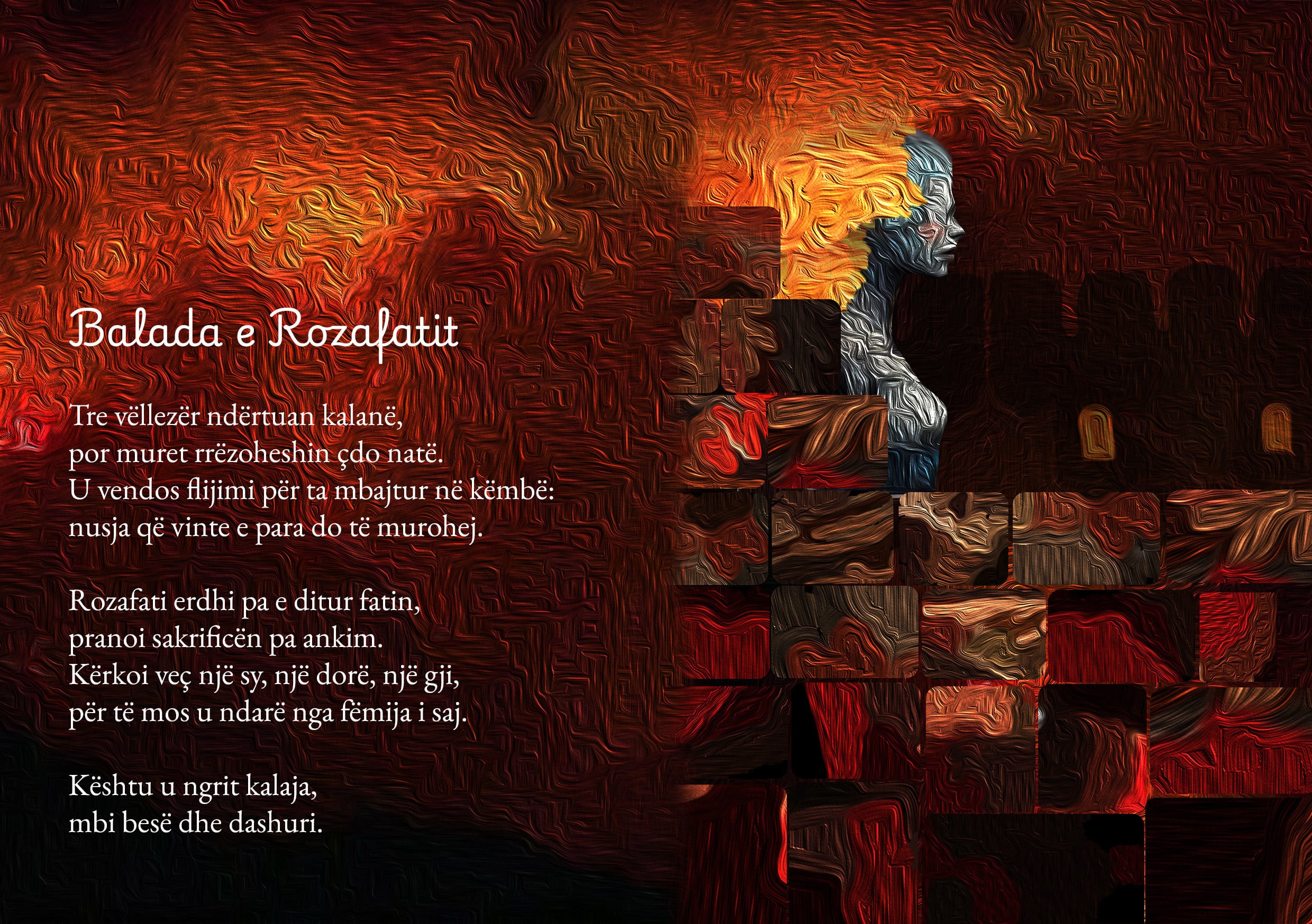 Painterly composition in red tones with the figure of Rozafa and verses from the ballad