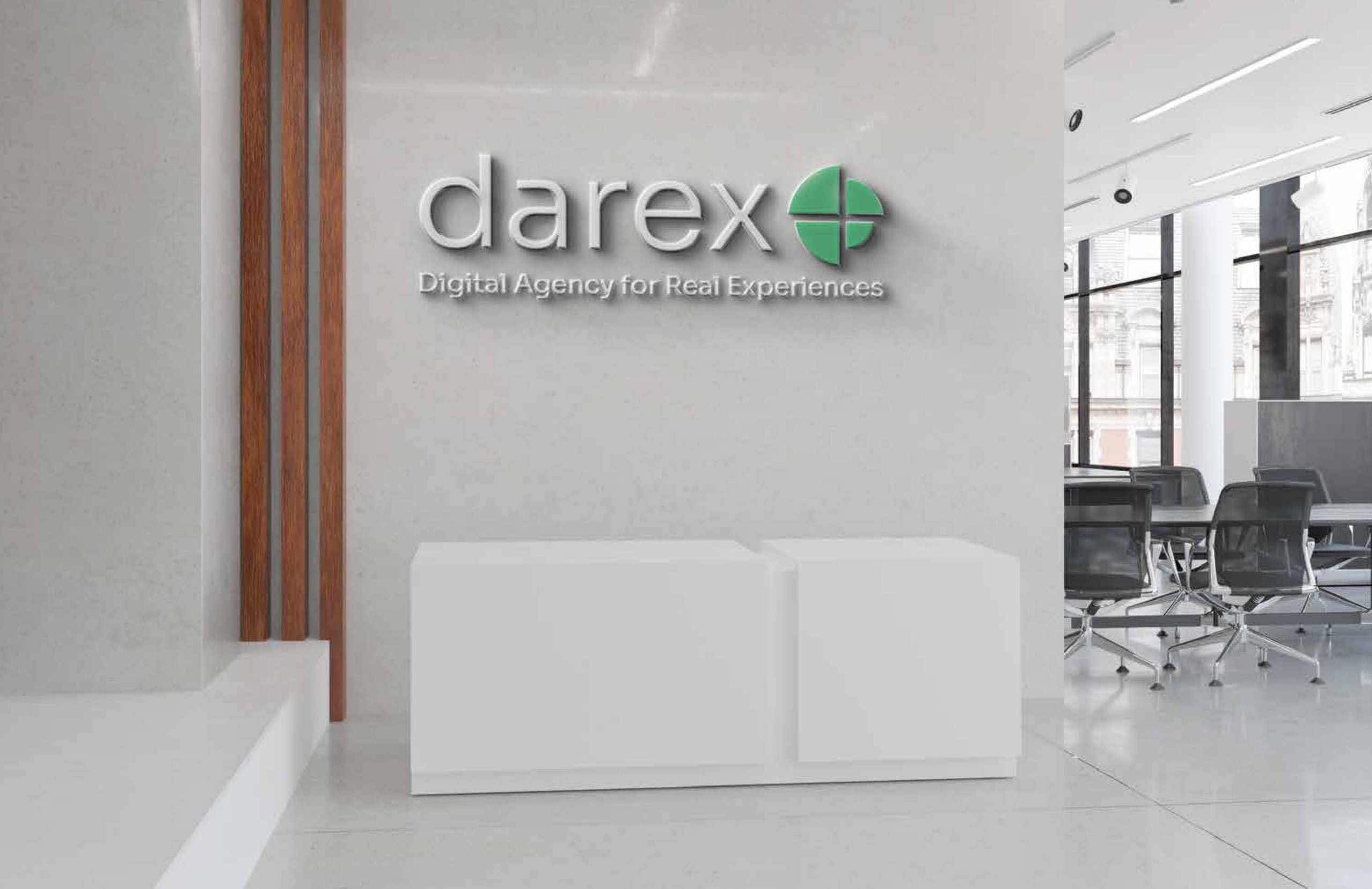 The darex logo mounted on an office lobby wall