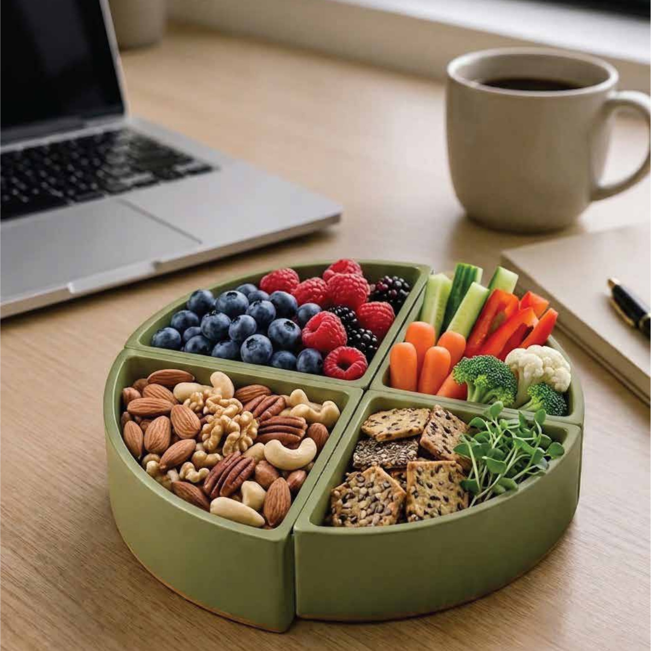 Green food organiser filled with fruit, vegetables and nuts