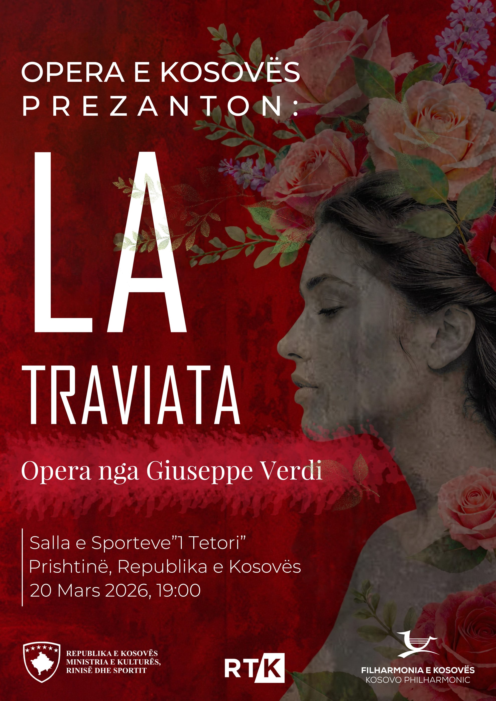 Poster for the Kosovo Opera’s “La Traviata”, a woman’s portrait among red roses