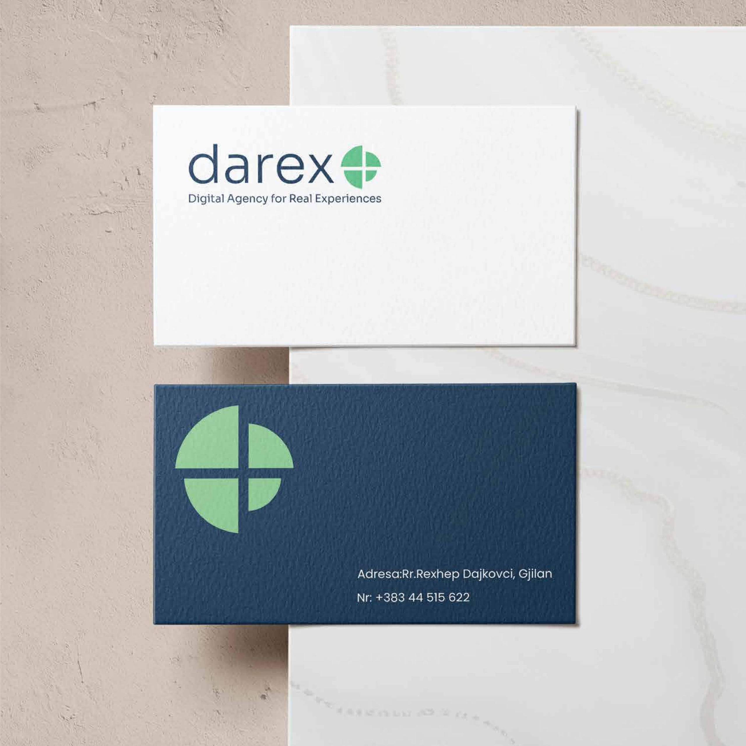 darex business cards in white and navy