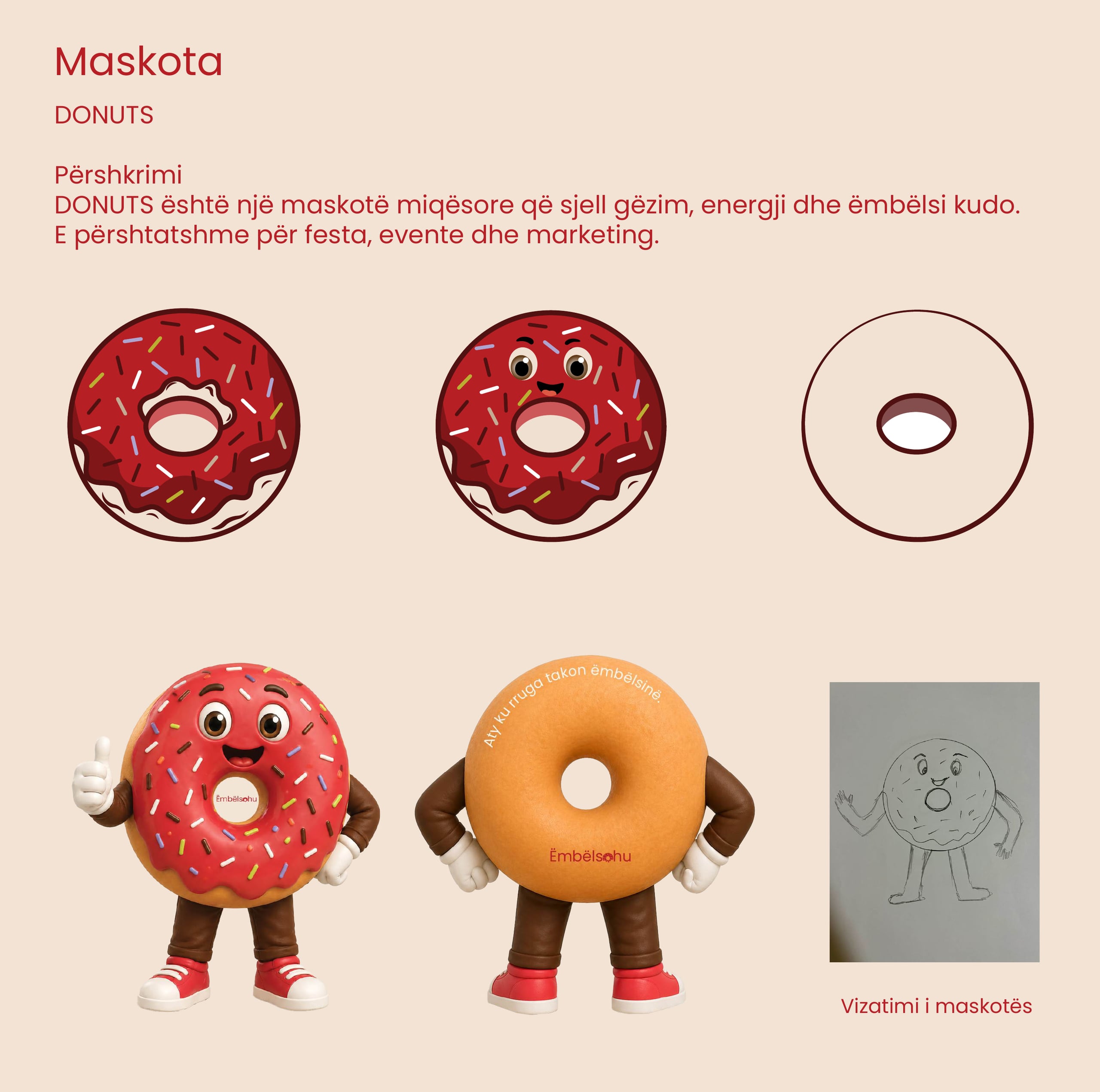 The DONUTS mascot in several variations and the original hand sketch