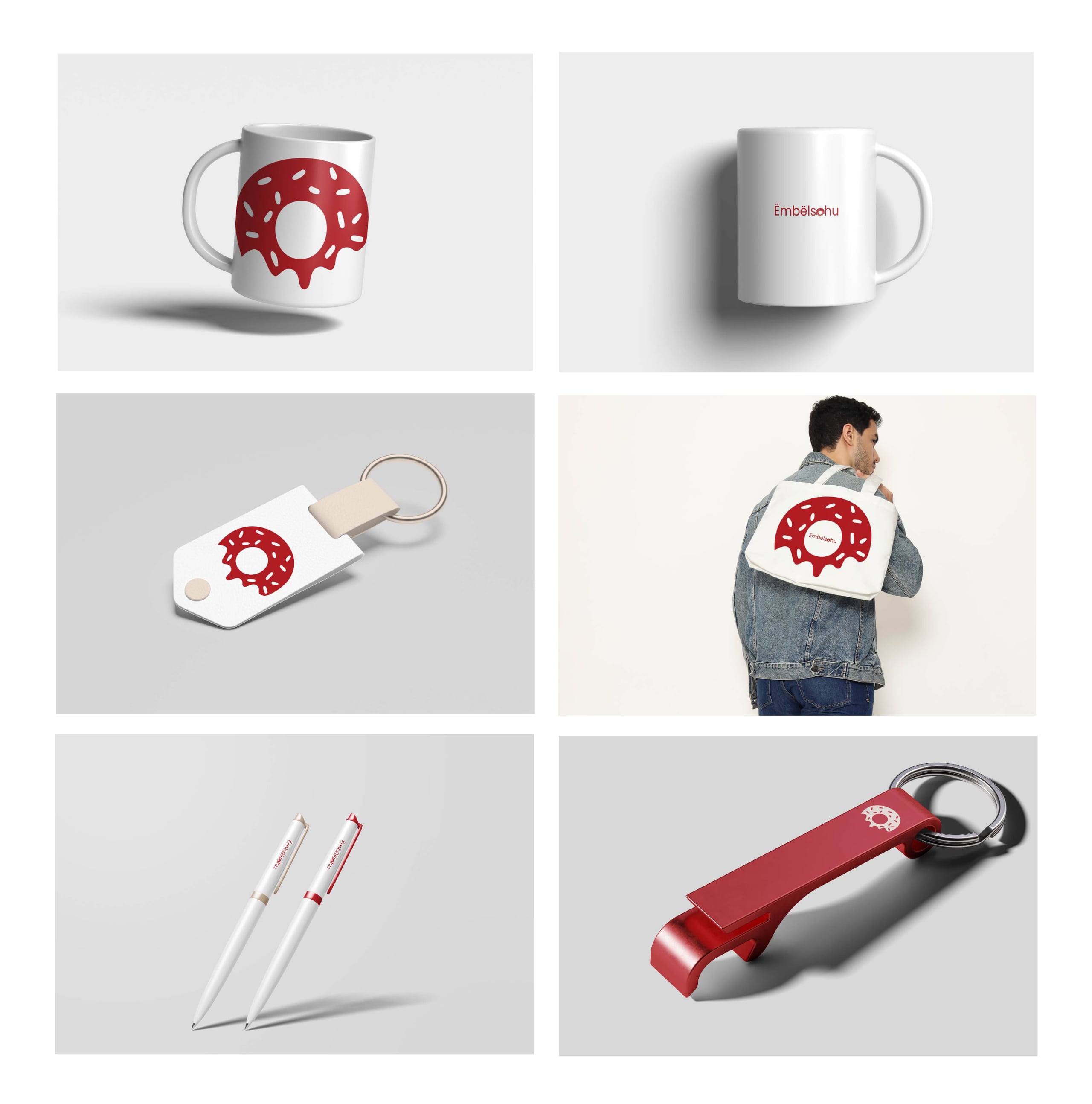 Merchandise: mug, keyring, tote bag, pens and bottle opener